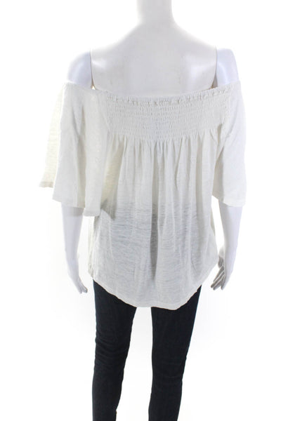 YFB Womens Linen Jersey Knit Smocked Neckline Flutter Sleeve Top White Size S