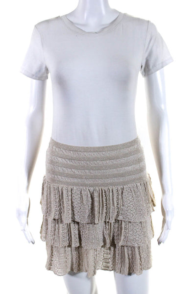 Maje Womens Glitter Print Tiered Ruffled Elastic Waist Skirt Beige Size 2