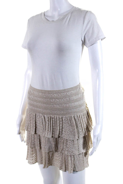 Maje Womens Glitter Print Tiered Ruffled Elastic Waist Skirt Beige Size 2