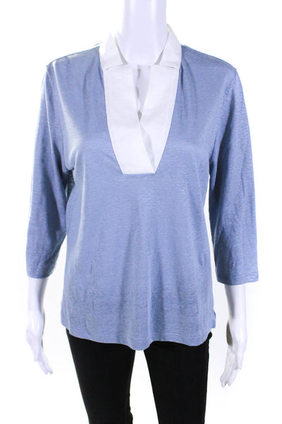 Amina Rubinacci Womens 3/4 Sleeved Collared V Neck Blouse Blue White Size 42