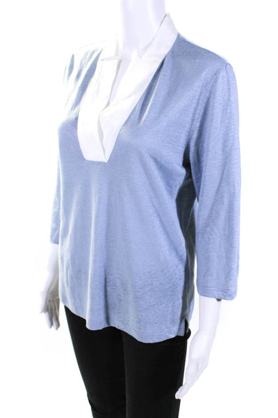 Amina Rubinacci Womens 3/4 Sleeved Collared V Neck Blouse Blue White Size 42