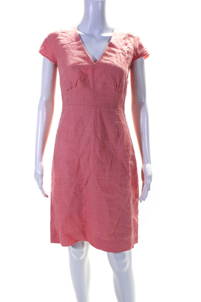 J Crew Womens Linen V-Neck Short Sleeve Zip Up A-Line Dress Pink Size 0