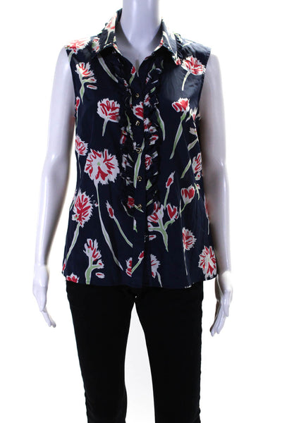 St. John Womens Silk Floral Print Collared Sleeveless Blouse Top Navy Size 8