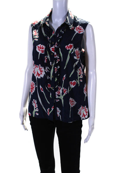 St. John Womens Silk Floral Print Collared Sleeveless Blouse Top Navy Size 8