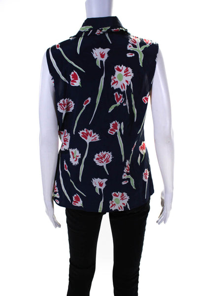 St. John Womens Silk Floral Print Collared Sleeveless Blouse Top Navy Size 8