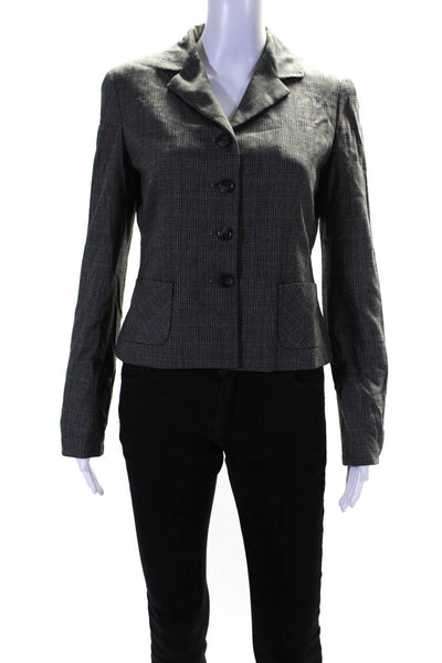 Elie Tahari Womens Wool Blend V-Neck Plaid Button Up Blazer Jacket Gray Size 6