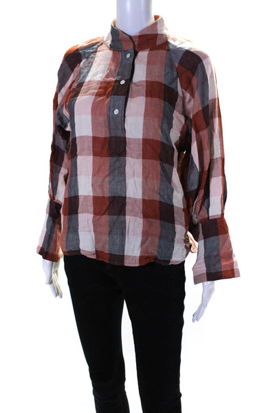 Joie Womens Cotton Check Print High Neck Button Up Blouse Top Orange Size S