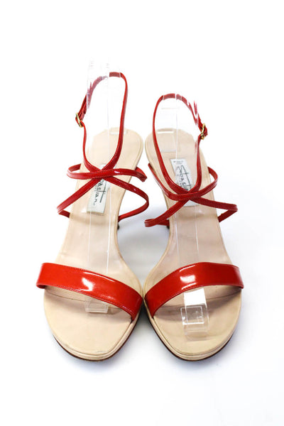 Sebastian Womens Patent Leather Open Toe Strappy High Heels Red Brown Size 8