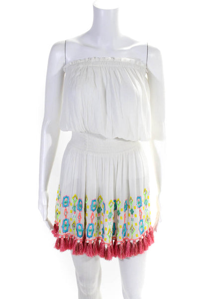 Ramy Brook Womens Embroidered Strapless Tassel Blouson Dress White Pink Size XS