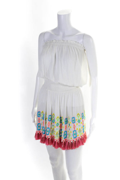 Ramy Brook Womens Embroidered Strapless Tassel Blouson Dress White Pink Size XS