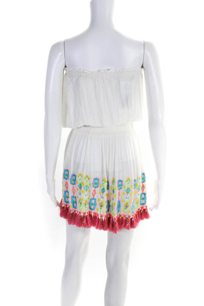 Ramy Brook Womens Embroidered Strapless Tassel Blouson Dress White Pink Size XS