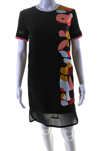 Fendi Womens Black Printed Crew Neck Zip Back Short Sleeve A-Line Dress Size 36