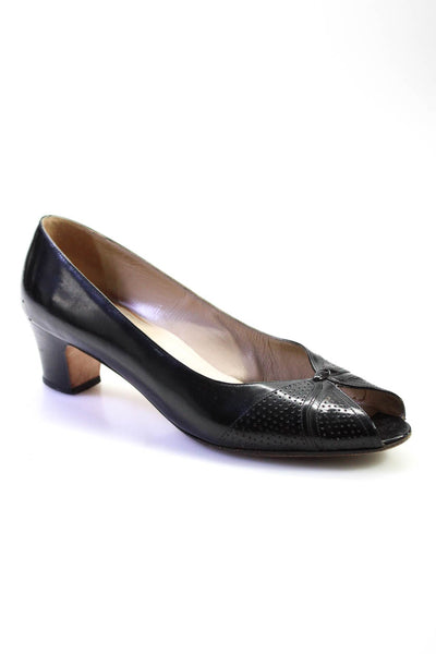 Salvatore Ferragamo Womens Leather Peep Toe Low Block Heel Pumps Black Size 8.5