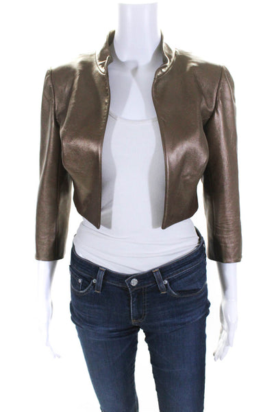 Nina Bauer Womens Faux Leather Open Front Cropped Jacket Gold Size S