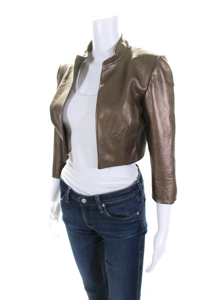 Nina Bauer Womens Faux Leather Open Front Cropped Jacket Gold Size S