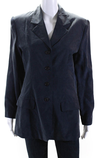 Patrick Womens Four Button Notched Lapel Silk Blazer Jacket Navy Blue Size 6