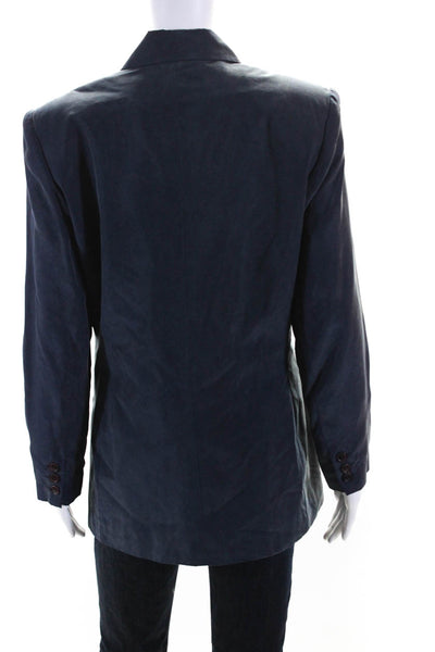 Patrick Womens Four Button Notched Lapel Silk Blazer Jacket Navy Blue Size 6