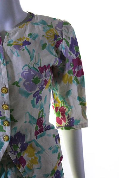 Emanuel Ungaro Parallele Womens Four Button Floral Skirt Suit White Linen Size 4