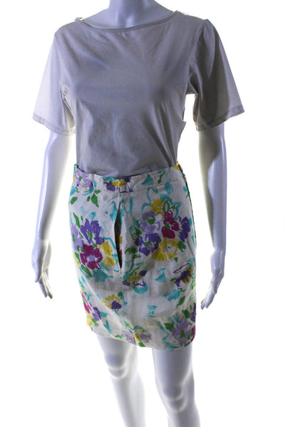 Emanuel Ungaro Parallele Womens Four Button Floral Skirt Suit White Linen Size 4