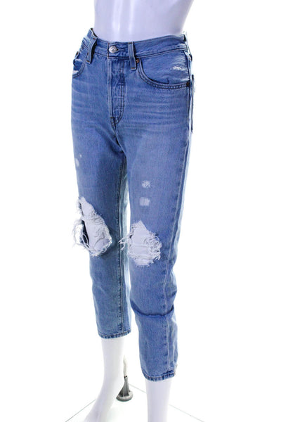 Levis Womens Button Fly Light Wash Distressed Cropped Jeans Blue Denim Size 24