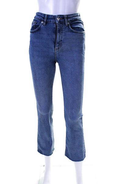 Zara Womens Medium Wash High Rise Fringe Flare Cut Jeans Blue Denim Size 2