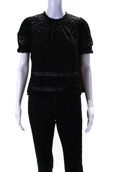 Ulla Johnson Womens Black Lace Crew Neck Short Sleeve Blouse Top Size 2