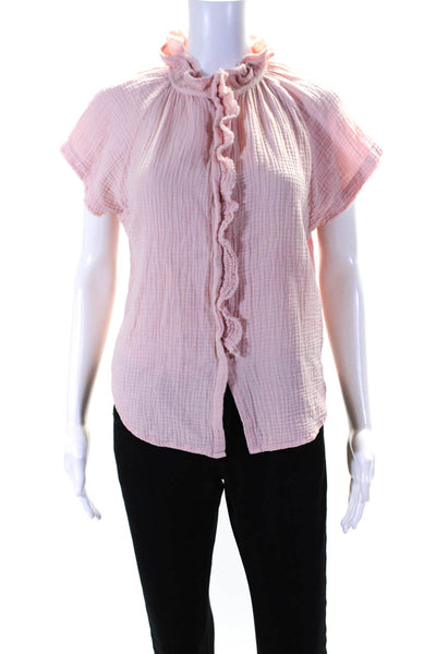 Sundays Womens Pink Textured Cotton Ruffle Crew Neck Cap Sleeve Blouse Top SizeS