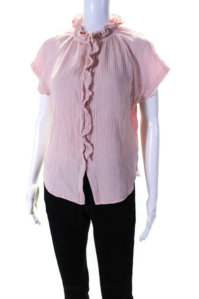 Sundays Womens Pink Textured Cotton Ruffle Crew Neck Cap Sleeve Blouse Top SizeS