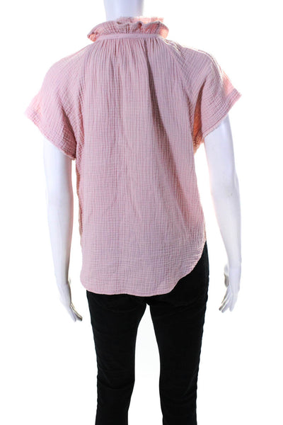 Sundays Womens Pink Textured Cotton Ruffle Crew Neck Cap Sleeve Blouse Top SizeS