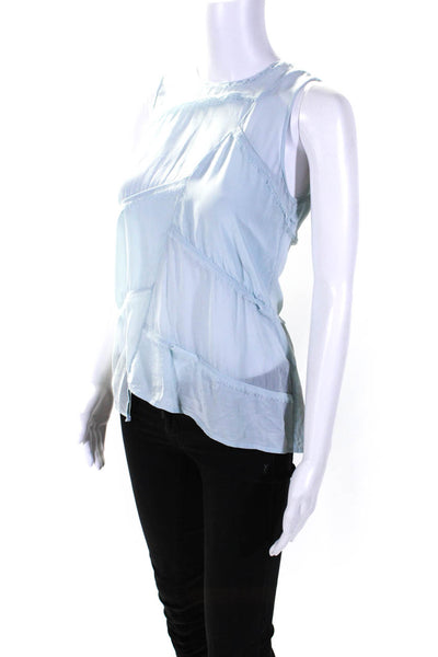 Intermix Womens Silk Fringe Trim Button Down Back Crewneck Blouse Blue Size PP