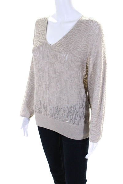 Akris Womens Beige Linen Open Knit V-Neck Pullover Dolman Sweater Top Size 10