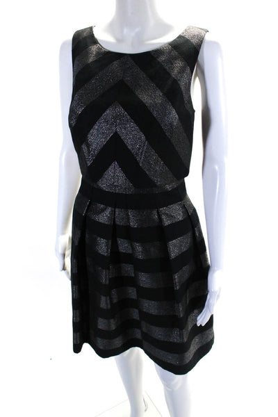 Karen Millen Womens Zip Up Scoop Neck Metallic Striped A Line Dress Black Size 6