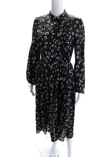 Saloni Womens Silk Metallic Spotted Pleated Long Sleeve Maxi Dress Black Size 0