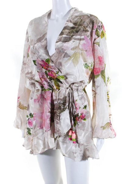 Rococo Sand Womens Floral Long Sleeved Tied Blouson Dress White Pink Size S