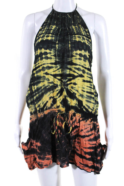 Blue Life Womens Tie Dyed Halter Blouson Mini  Dress Black Orange Yellow Size S