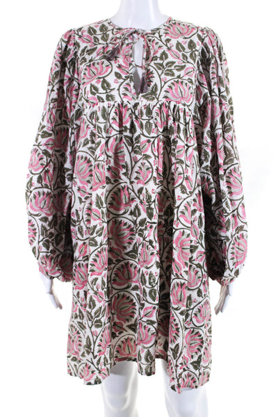 Mille Resort & Travel Womens Floral V Neck Tunic Dress White Pink Green Size M