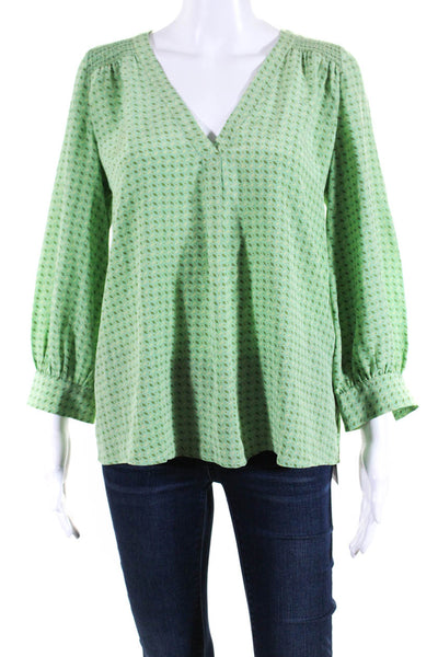 Joie Womens Silk Geometric Print V Neck Blouse Green Yellow Size Extra Small