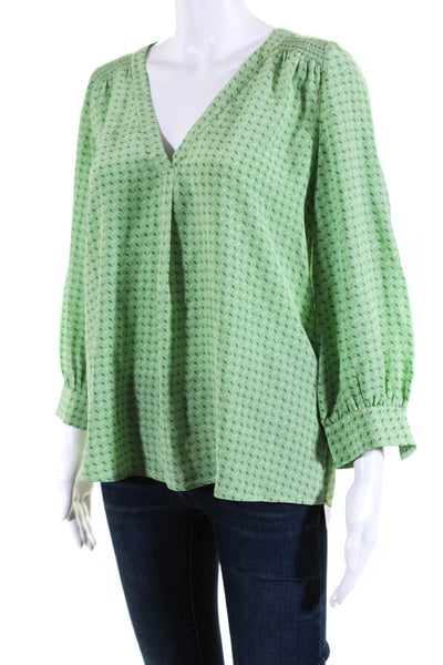 Joie Womens Silk Geometric Print V Neck Blouse Green Yellow Size Extra Small