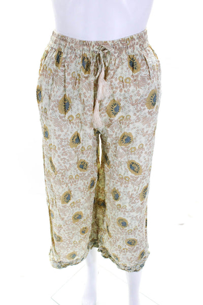 Natalie Martin Womens Floral Elastic Waist High-Rise Wide Leg Pants Beige Size M