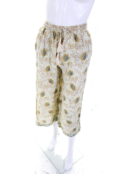Natalie Martin Womens Floral Elastic Waist High-Rise Wide Leg Pants Beige Size M