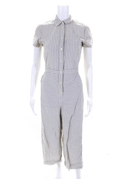 Madewell Womens Cotton Striped Print Short Sleeve Collar Jumpsuit White Size 2XS