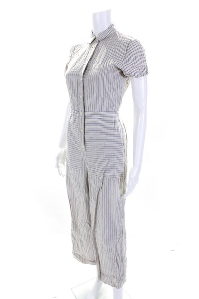Madewell Womens Cotton Striped Print Short Sleeve Collar Jumpsuit White Size 2XS