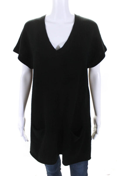 Vince Womens Cashmere Knit V-Neck Short Sleeve Sweater With Pockets Black Size L