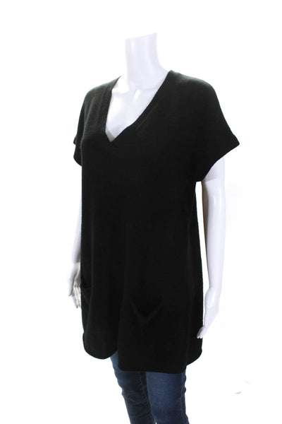 Vince Womens Cashmere Knit V-Neck Short Sleeve Sweater With Pockets Black Size L