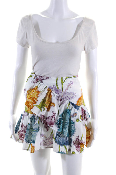 Hayley Menzies Womens Cotton Floral Ruffled A-Line Mini Skirt White Size XL