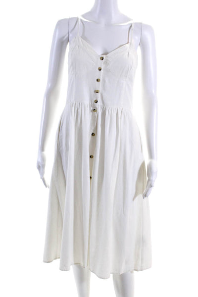 Rollas Womens Woven V-Neck Button Up Sleeveless A-Line Midi Dress White Size S