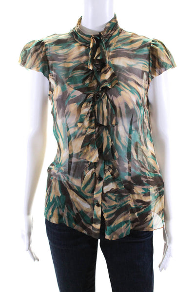 Milly Womens Silk Abstract Print Short Sleeve Ruffle Blouse Green Brown Size 6