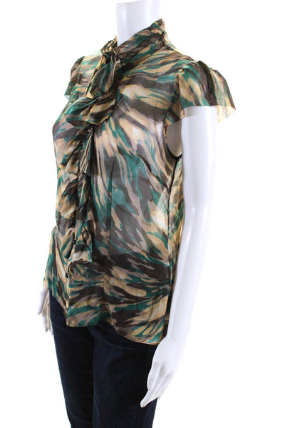 Milly Womens Silk Abstract Print Short Sleeve Ruffle Blouse Green Brown Size 6