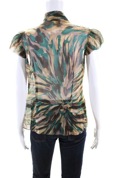 Milly Womens Silk Abstract Print Short Sleeve Ruffle Blouse Green Brown Size 6