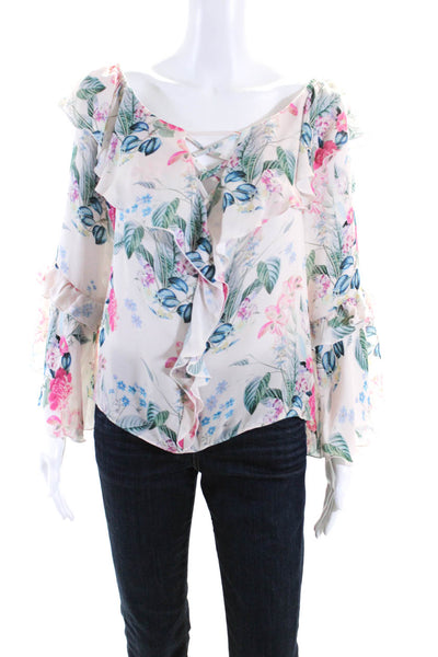 Parker Womens Silk Floral Print V neck Ruffle Blouse Pink Size S